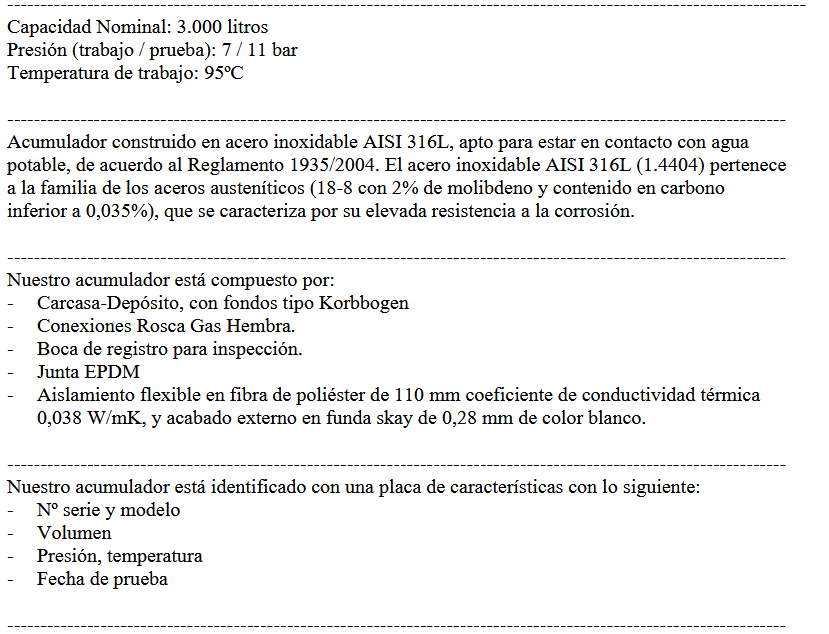 Especificaciones técnicas del Acumulador ACS INOX PREMIUM SUICALSA DAB300X07RFP